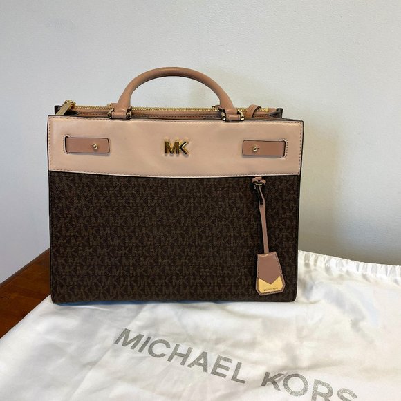 Michael Kors Reagan Large Satchel Signature Brown Soft Pink Fawn Coated Twill - Picture 4 of 11